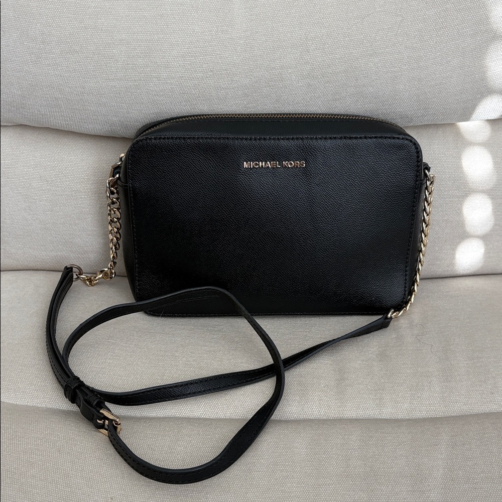 Michael Kors Jet Set Large Black Crossbody Bag with Gold Accents